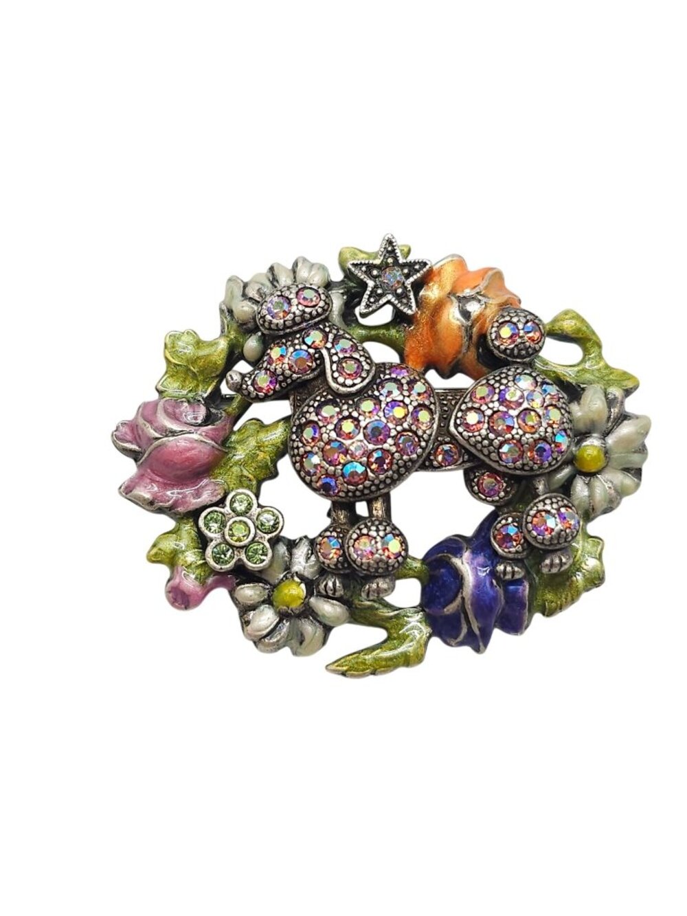 Vintage Kirks Folly Poodle Brooch With Crystals Enamel Floral Design 2 Inches